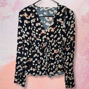 Zara Trafaluc Floral Button Down Peasant Sleeve Blouse sz S